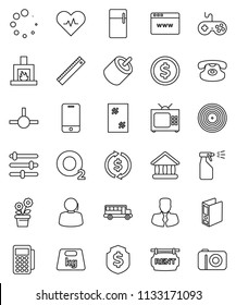 thin line vector icon set - window cleaning vector, sprayer, ruler, school bus, university, exchange, dollar coin, manager, binder, shield, oxygen, support, weight, disk, gamepad, mobile phone, rca