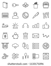 thin line vector icon set - trash bin vector, washing powder, pasta, pen, constellation, exchange, piggy bank, dollar flag, calendar, support, ship, sorting, video camera, headphones, finger up