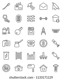 thin line vector icon set - vacuum cleaner vector, car fetlock, washboard, colander, rolling pin, turk coffee, oven, blender, drawing compass, dollar coin, barbell, enegry drink, no fastfood, phone