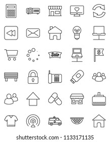 thin line vector icon set - colander vector, calculator, cart, arrow up, dollar flag, pills, heart monitor, antenna, group, mail, backward button, amkbulance car, notebook network, usb modem, home