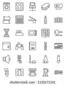 thin line vector icon set - clothespin vector, sponge, iron, toilet brush, washer, towel, cook press, microwave oven, oil, copybook, wallet, calculator, sand clock, tie, scales, calendar, no hook