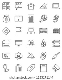 thin line vector icon set - welcome mat vector, shower, copybook, backpack, notebook pc, schedule, personal information, flag, money bag, presentation board, calendar, shorts, cereals, pool, tulip