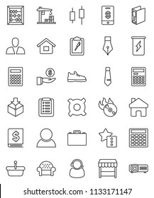 thin line vector icon set - pen vector, case, calculator, abacus, japanese candle, investment, annual report, binder, tie, any currency, snickers, enegry drink, clipboard, package, music hit, home