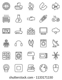 thin line vector icon set - washer vector, microwave oven, magnet, world, flask, earth, satellite antenna, gamepad, tv, remote control, headphones, stop button, rca, microscope, tomography, firewall