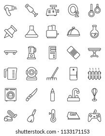 thin line vector icon set - broom vector, rake, iron, water tap, measuring cup, knife, toaster, blender, thermometer, dish, paper pin, flask, punching bag, skateboard, gymnast rings, oxygen, patch