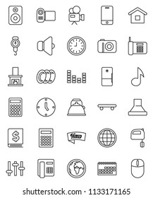 thin line vector icon set - plates vector, kettle, scales, mixer, calculator, music, annual report, clock, skateboard, earth, calendar, speaker, settings, equalizer, video camera, mobile phone, new