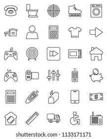 thin line vector icon set - toilet vector, microwave oven, ruler, calculator, piggy bank, roller Skates, target, gamepad, settings, remote control, mobile phone, forward button, disabled, home, user