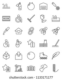 thin line vector icon set - rake vector, welcome mat, skimmer, pen, fitball, roller Skates, shuttlecock, tulip, package, link, disabled, dropper, broken bone, potion, favorites, pool, barn, fence
