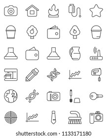 thin line vector icon set - fetlock vector, bucket, toilet brush, jug, pencil, world, graph, wallet, tie, target, flammable, camera, dna, drop counter, router, fruit tree, star, home, password, hood