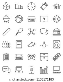 thin line vector icon set - rubber glove vector, bbq, ruler, notebook pc, archive, bank, clock, target, clipboard, phone, package, sorting, barcode, equalizer, dialog, hospital building, sperm, barn