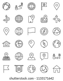 thin line vector icon set - compass vector, world, flag, dollar, route, navigator, earth, map pin, traking, internet, connection, globe, home