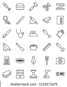 thin line vector icon set - plunger vector, sponge, car fetlock, iron, rubber glove, pan, measuring cup, whisk, spatula, ladle, rolling pin, meat hammer, grater, blender, sieve, pen, ruler, crutches