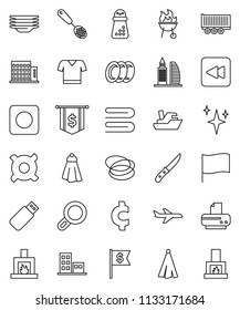 thin line vector icon set - towel vector, shining, plates, skimmer, knife, hand mill, bbq, flag, dollar, any currency, cent sign, t shirt, hoop, plane, ship, truck trailer, backward button, rec, usb