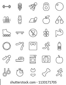 thin line vector icon set - diet vector, barbell, measuring, scales, stopwatch, weight, hand trainer, fitball, muscule, boxing glove, swimsuite, roller Skates, skateboard, sports nutrition, cereals