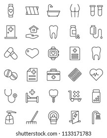 thin line vector icon set - rake vector, liquid soap, house hold, heart pulse, pills vial, buttocks, monitor, no trolley, doctor bag, stethoscope, blister, anamnesis, hospital bed, tomography, tooth
