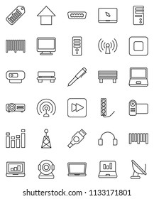 thin line vector icon set - pen vector, laptop graph, arrow up, barcode, antenna, equalizer, headphones, notebook pc, stop button, forward, hdmi, bench, wireless, monitor, video camera, computer