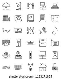 thin line vector icon set - clothespin vector, house hold, music, archive, constellation, investment, personal information, hierarchy, navigator, phone, truck trailer, port, Railway carriage, vial