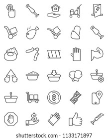 thin line vector icon set - soap vector, cleaner trolley, foam basin, rubber glove, house hold, blender, chicken leg, dollar coin, investment, hand trainer, muscule, boxing, traking, cargo, crutches
