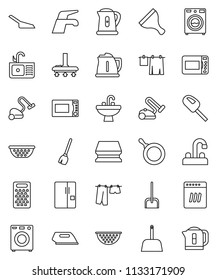 thin line vector icon set - scraper vector, broom, water tap, vacuum cleaner, scoop, sponge, drying clothes, washer, sink, pan, kettle, colander, grater, microwave oven, fridge, iron, dishwasher