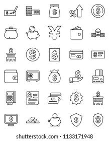 thin line vector icon set - school building vector, dollar coin, credit card, wallet, percent growth, money bag, piggy bank, investment, check, medal, shield, safe, monitor, yen sign, gold ingot