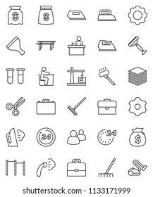 thin line vector icon set - scraper vector, vacuum cleaner, rake, iron, steaming, student, case, money bag, horizontal bar, group, vial, scissors, big data, gear, construction crane, 24 hour