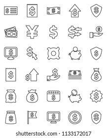thin line vector icon set - exchange vector, dollar coin, money bag, piggy bank, investment, growth, receipt, medal, flag, shield, calendar, monitor, cursor, any currency, yen sign, cash