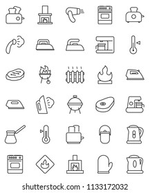 thin line vector icon set - iron vector, steaming, camping cauldron, kettle, cook glove, turk coffee, toaster, oven, thermometer, bbq, steak, flammable, fireplace, heating, maker, hair dryer
