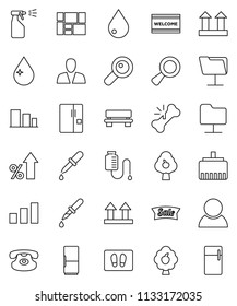 thin line vector icon set - water drop vector, welcome mat, sprayer, percent growth, consolidated cargo, top sign, sorting, classic phone, magnifier, dropper, broken bone, counter, network folder