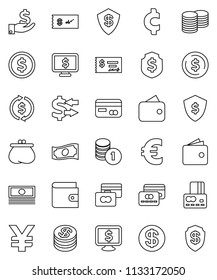 thin line vector icon set - exchange vector, dollar coin, credit card, wallet, cash, investment, stack, check, shield, monitor, euro sign, yen, cent