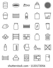 thin line vector icon set - bucket vector, trash bin, garbage pile, measuring cup, jug, sieve, jar, enegry drink, water bottle, sea container, port, wood box, consolidated cargo, oil barrel, package