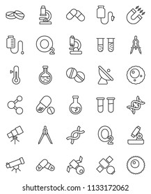 thin line vector icon set - thermometer vector, drawing compass, telescope, microscope, magnet, flask, pills, molecule, oxygen, satellite, antenna, vial, dna, drop counter, ovule