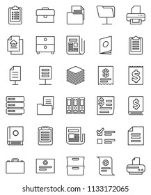 thin line vector icon set - case vector, clipboard, certificate, document, archive, exam, annual report, binder, receipt, newspaper, network folder, big data, estate, catalog, printer