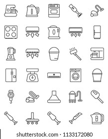 thin line vector icon set - vacuum cleaner vector, bucket, kettle, scales, oven, blender, air conditioner, fridge, washer, coffee maker, hood