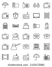 thin line vector icon set - washboard vector, kettle, hand mill, turk coffee, glasses, alarm clock, abacus, phone, umbrella, film frame, radio, tv, classic, closed, video camera, sewing machine