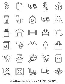 thin line vector icon set - washing powder vector, cereal, pasta, delivery, wood box, cargo, no trolley, hook, warehouse, package, search, pills bottle, drop counter, relocation truck, gift