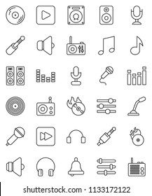 thin line vector icon set - bell vector, music, disk, hit, microphone, radio, speaker, equalizer, headphones, play button, forward, jack