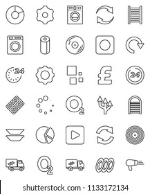 thin line vector icon set - washboard vector, toilet paper, plates, pie graph, pound, oxygen, disk, play button, rec, pills blister, gear, refresh, redo, loading, route arrow, relocation truck