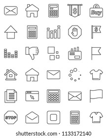 thin line vector icon set - calculator vector, flag, arrow up, dollar, document, equalizer, finger down, mail, stop button, browser, home, loading, house, buy, clothes