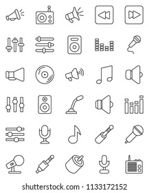 thin line vector icon set - music vector, disk, microphone, radio, speaker, loudspeaker, settings, equalizer, forward button, backward, rca, jack