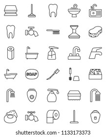 thin line vector icon set - soap vector, water tap, fetlock, mop, sponge, car, bath, toilet brush, liquid, paper, shower, sink, tooth, epilator