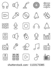 thin line vector icon set - bell vector, music, disk, hit, microphone, radio, speaker, equalizer, headphones, play button, forward, rec