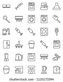 thin line vector icon set - vacuum cleaner vector, bucket, kettle, scales, oven, blender, air conditioner, fridge, washer, coffee maker, hood