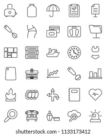 thin line vector icon set - plates vector, whisk, ladle, cutting board, toaster, jar, book, copybook, university, school bus, magnifier, graph, credit card, scales, heart pulse, buttocks, swimsuite
