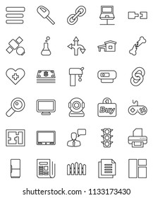 thin line vector icon set - route vector, satellite, traffic light, document, newspaper, gamepad, speaking man, link, heart cross, flask, magnifier, broken bone, notebook network, menu, chain, fence