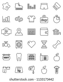 thin line vector icon set - water tap vector, splotch, drying clothes, washer, apple fruit, schedule, graph, wallet, stopwatch, shorts, t shirt, roller Skates, bone, map pin, weight, equalizer, buy