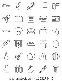 thin line vector icon set - soap vector, iron, drying clothes, rubber glove, oil, egg, mushroom, pen, case, flag, dollar, skateboard, shuttlecock, calendar, classic phone, thermometer, scissors, key