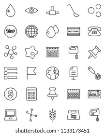 thin line vector icon set - water drop vector, splotch, welcome mat, skimmer, ladle, mixer, notebook pc, schedule, world, flag, constellation, dollar medal, calendar, cereals, weight, classic phone