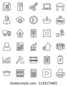 thin line vector icon set - hand mill vector, notebook pc, scissors, exam, graph, investment, dollar growth, calculator, personal information, any currency, clipboard, enegry drink, clock, document
