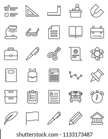 thin line vector icon set - book vector, copybook, pen, pencil, corner ruler, glasses, student, case, backpack, atom, table lamp, calculator, alarm clock, clipboard, paper pin, certificate, magnet