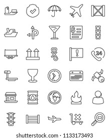 thin line vector icon set - route vector, earth, attention, office, plane, satellite, traffic light, phone 24, support, ship, truck trailer, clock, calendar, receipt, wood box, glass, umbrella, hook